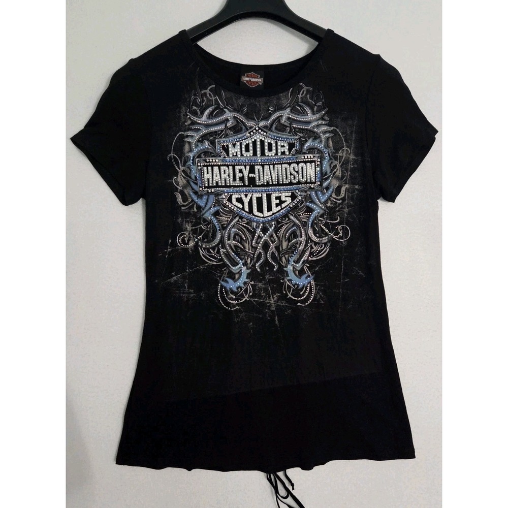Harley Davidson Women Black Lace-Up Back Short Sleeve Corset Top Size L